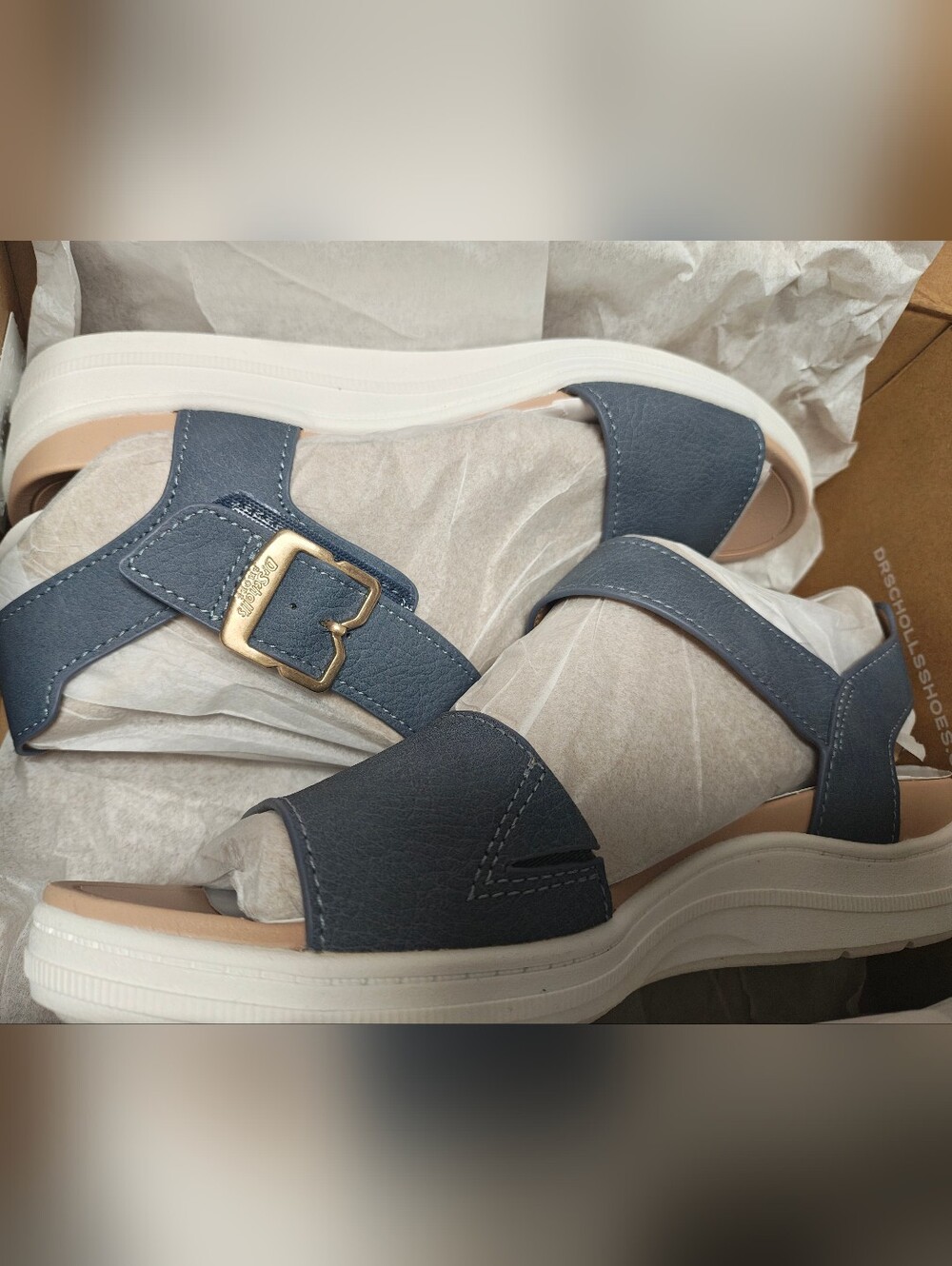 Dr. Scholl's Navy Blue Platform Sandals with Gold Buckle